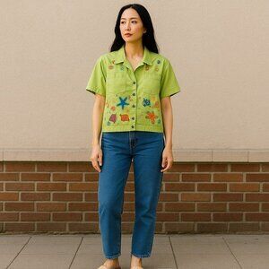 Island Scene Womens Large Green Seashells Embroidered Short Sleeve Shirt Jacket